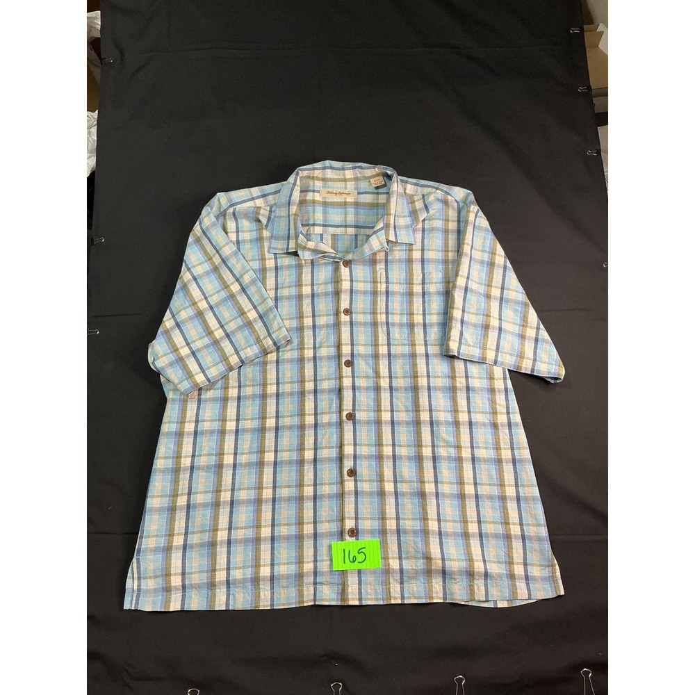 Tommy Bahama Mens XL Silk Plaid Short Sleeve Button Down Camp Shirt Blue Green